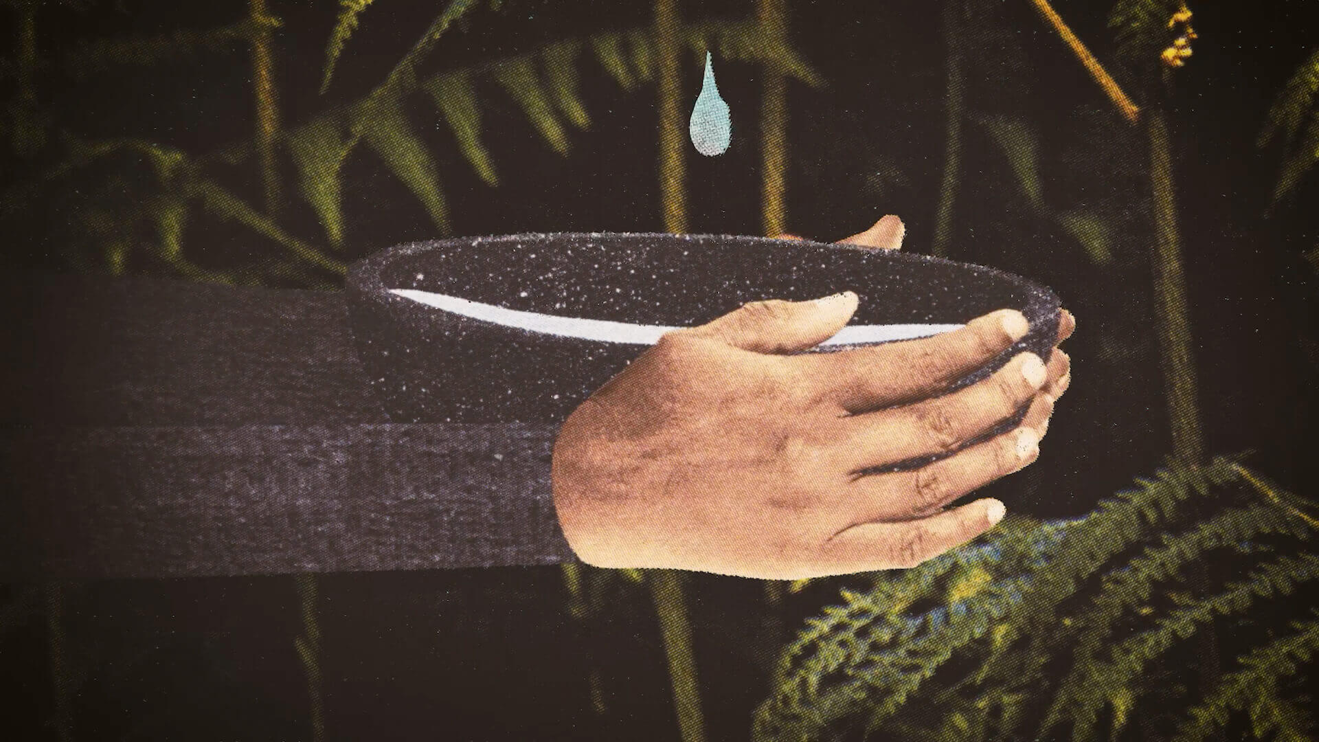 Illustration with an artisanal texture showing hands collecting water in a bowl surrounded by vegetation.