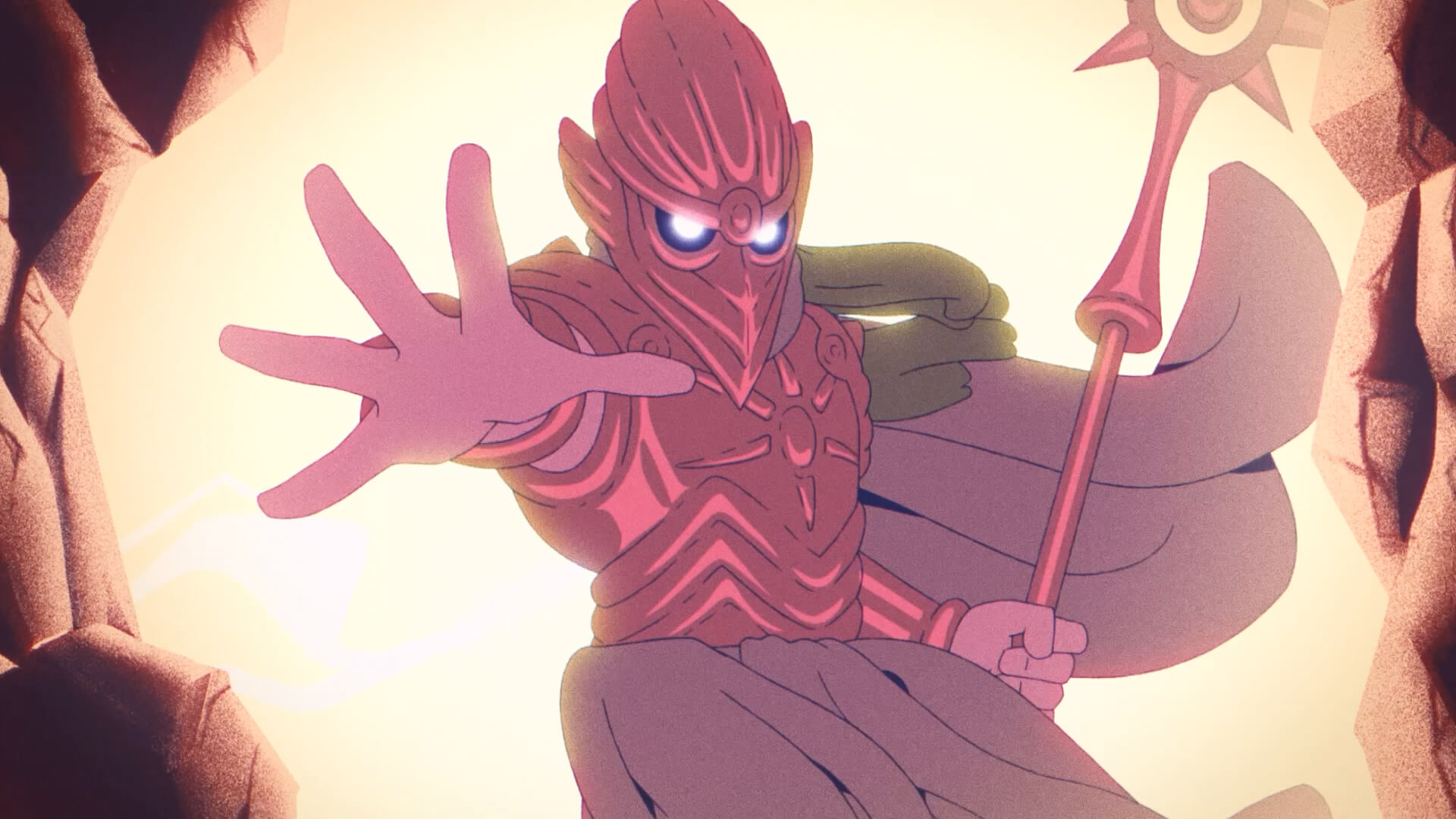 Digital illustration in a fantastical style with a powerful figure in the foreground and intense backlighting.
