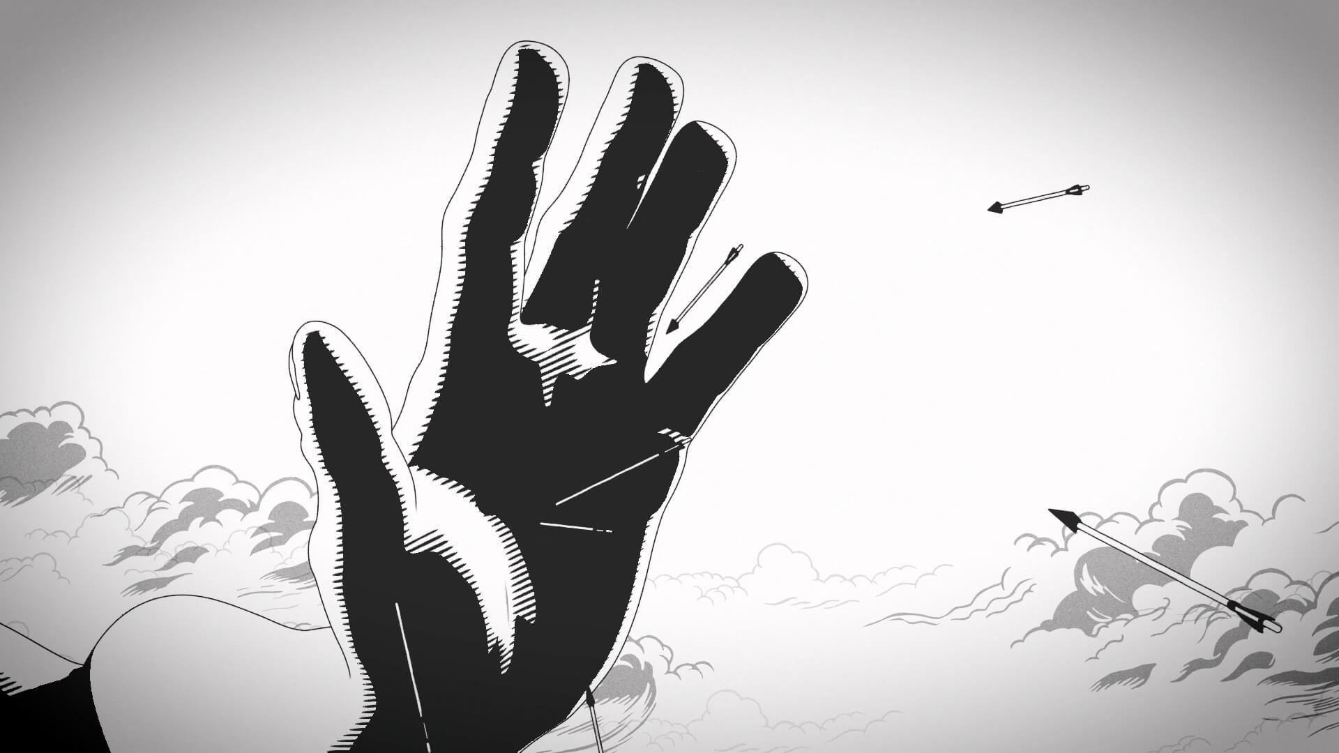 Black-and-white illustration in a graphic style, featuring a giant hand and arrows emerging from clouds.