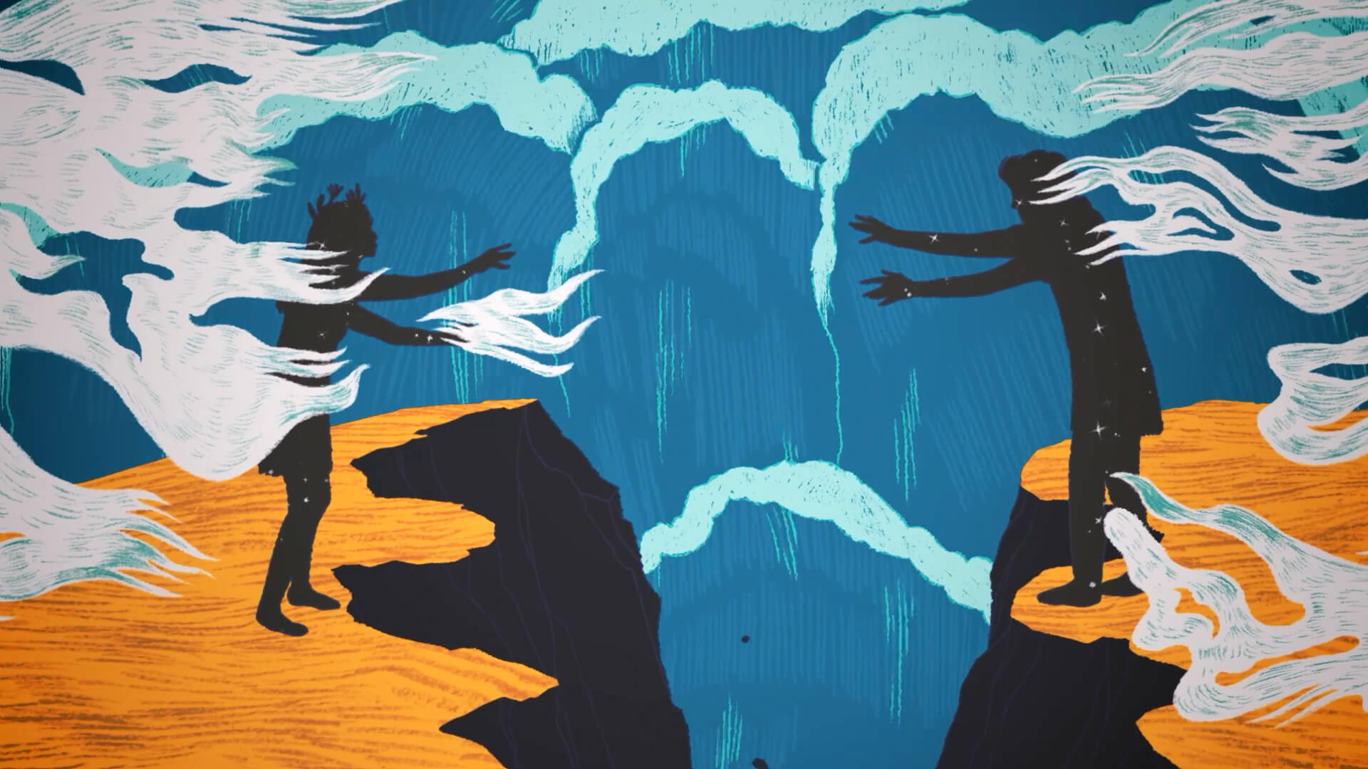 High-contrast illustration with two silhouettes facing each other from opposite ends of a divided landscape.