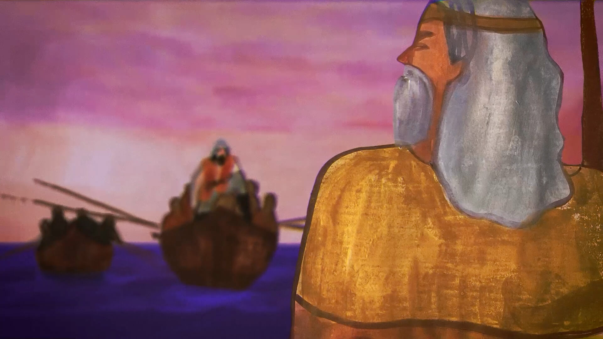 Vivid digital illustration in warm tones showing a human figure by the sea with boats.