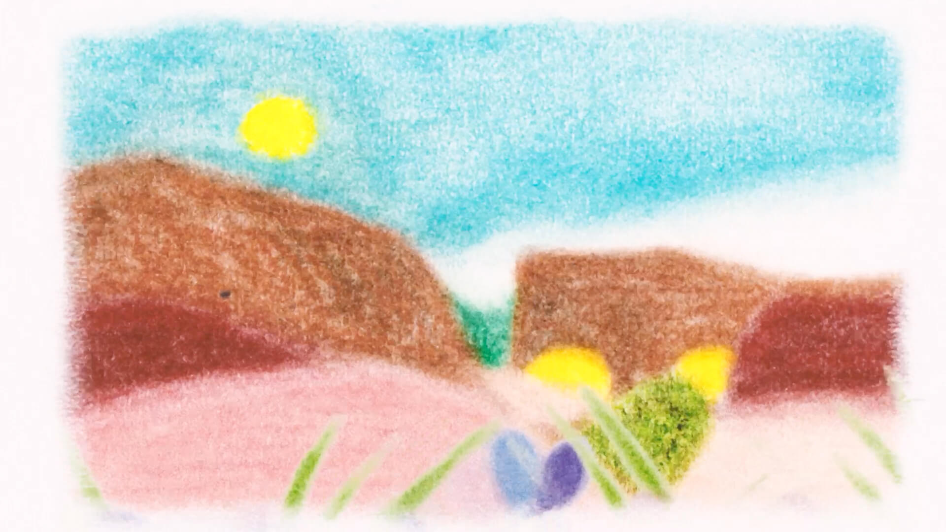 Pastel-style illustration with a wall standing in a landscape, split by a crack.