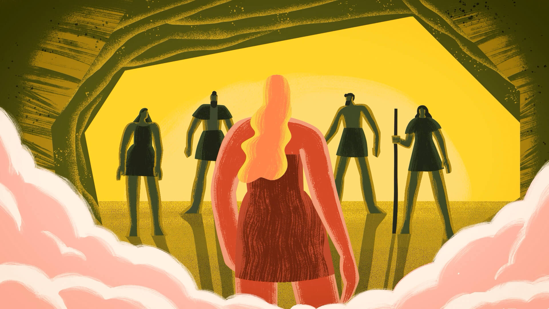 Graphic-style illustration of a cave with human figures lined up before the princess, surrounded by smoke.