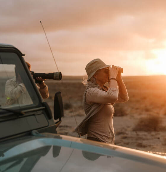 Person birdwatching with binoculars by a 4x4 vehicle at sunset in arid Canary Islands landscape.