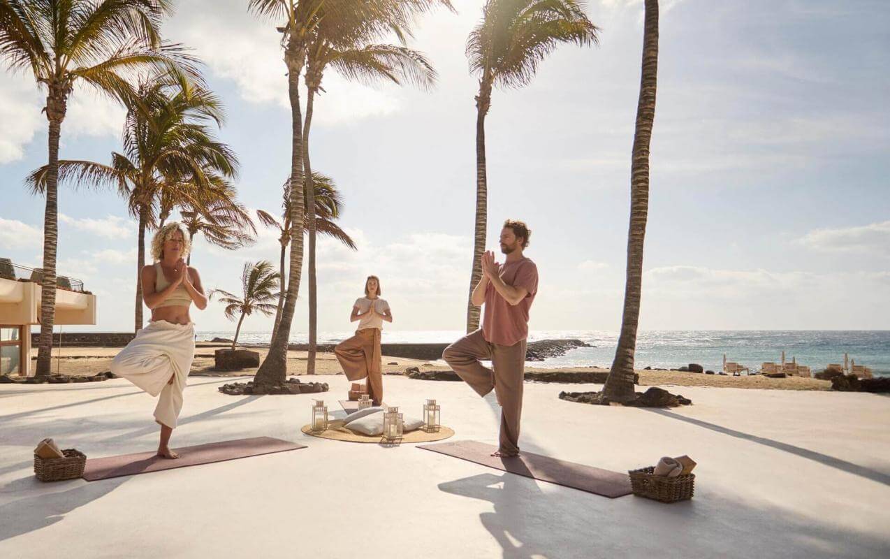 Group practising yoga outdoors by the sea, surrounded by palm trees and natural light in a serene, exclusive setting.