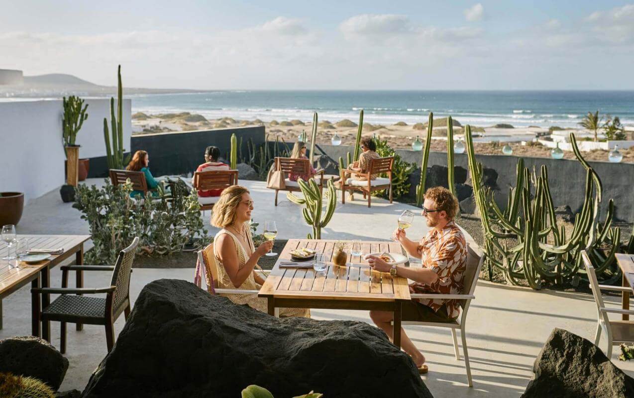 People sharing a meal on a terrace overlooking the sea, surrounded by cacti and furniture with a contemporary design.