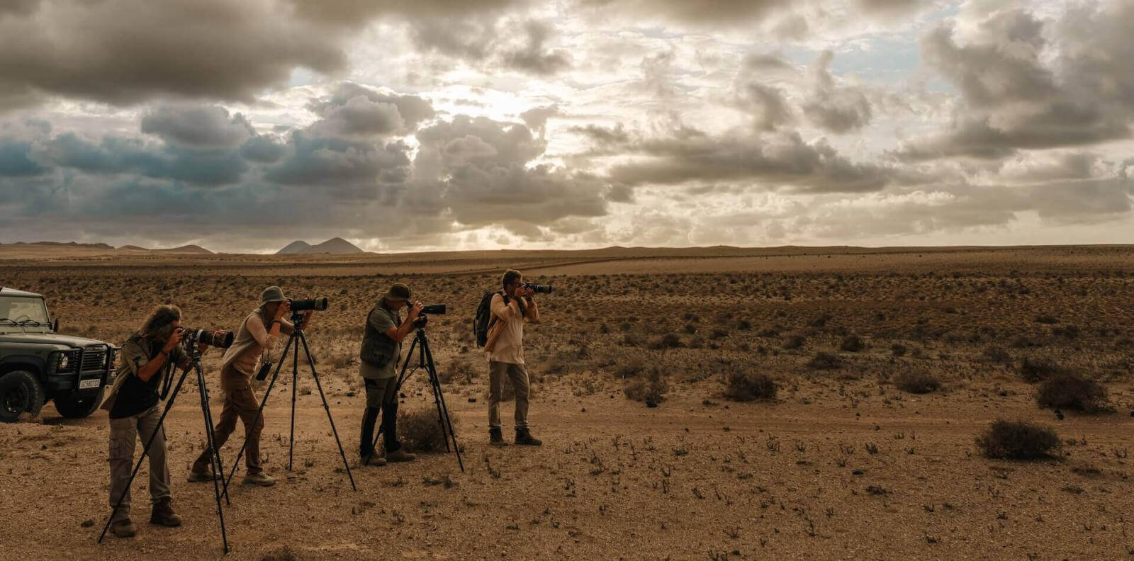 Four wildlife photographers with telephoto lenses and tripods capturing birds at sunset in arid landscape.