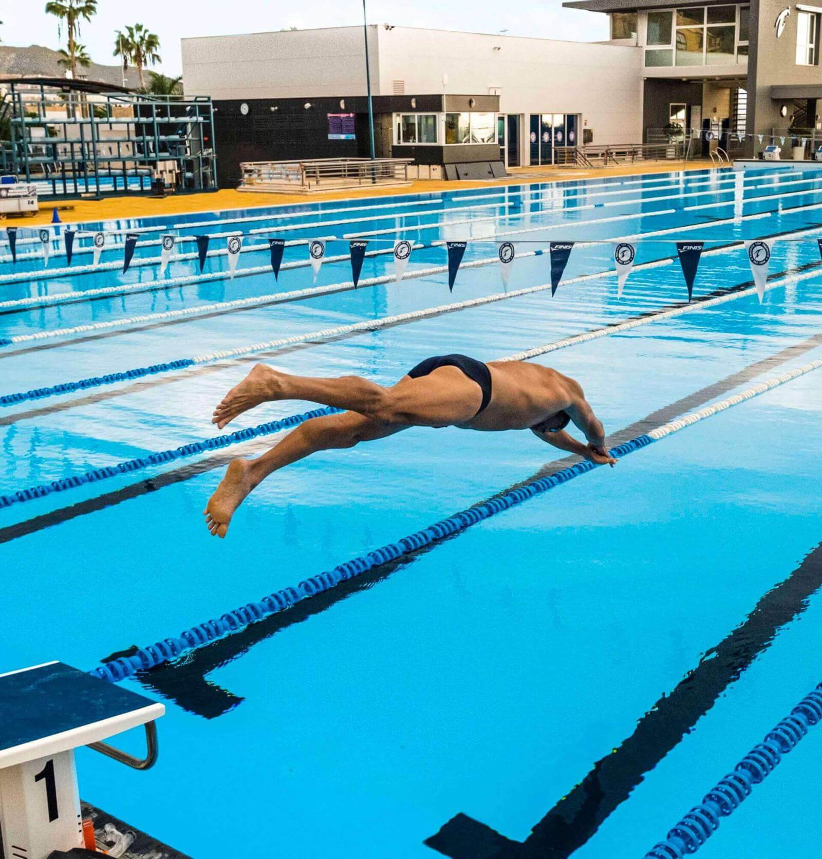 Person performing a racing dive into an outdoor Olympic pool with lanes and a sports building in the background.