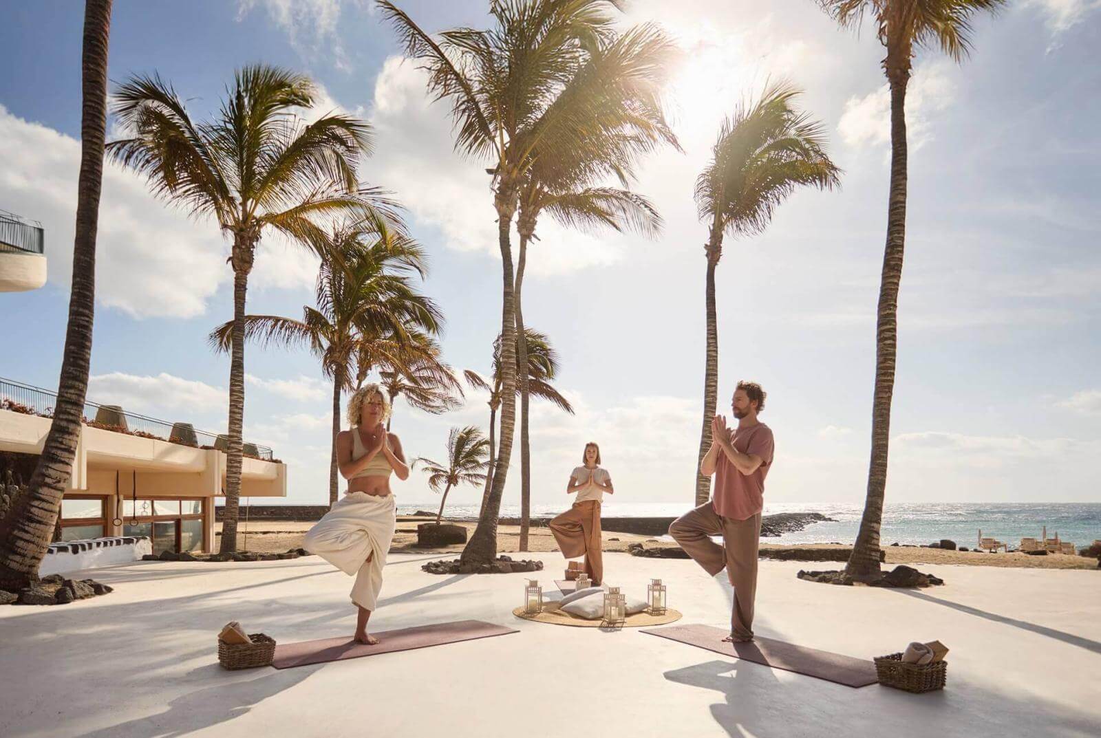 Three people practising yoga outdoors on mats, surrounded by palm trees.