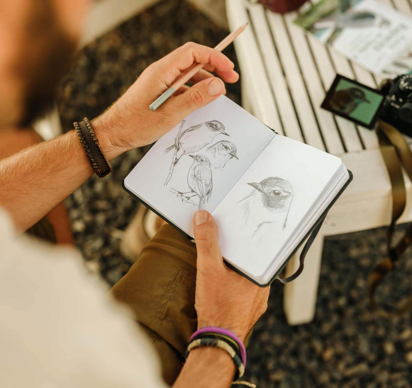 A person drawing birds in a notebook, holding a pencil and showing detailed illustrations.
