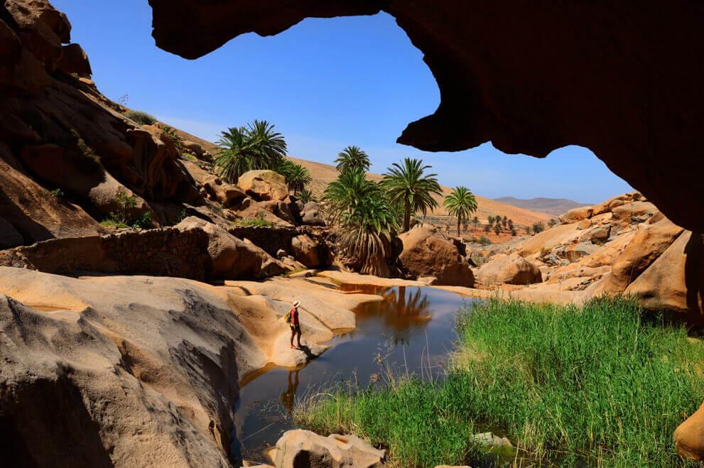 Las Peñitas Ravine in Fuerteventura, featuring rocks, palm trees, and a small pool in an arid setting.